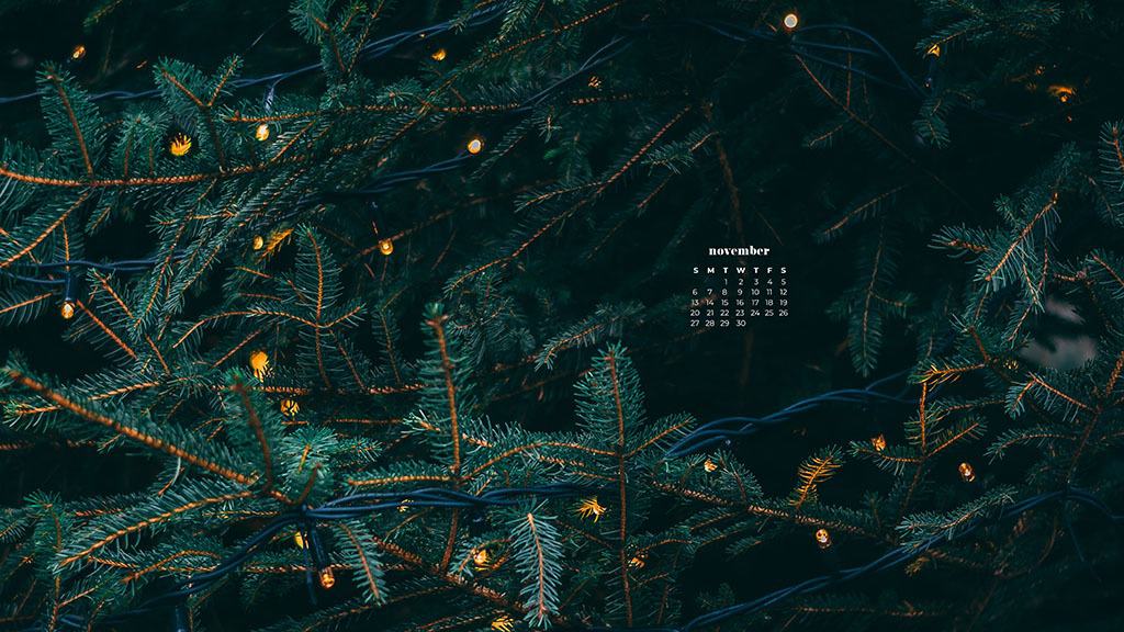 outdoor pine tree with glowy bokeh white lights November 2022 wallpapers – FREE calendars in Sunday & Monday starts + no-calendar designs. 59 beautiful options for desktop & smart phones!