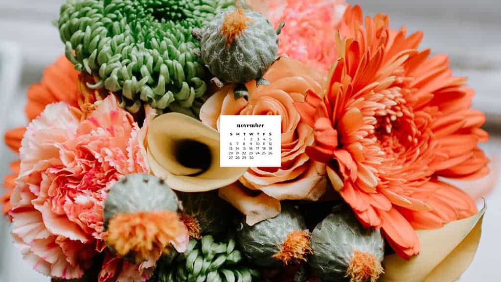 beautiful and colorful fall flower arrangement November 2022 wallpapers – FREE calendars in Sunday & Monday starts + no-calendar designs. 59 beautiful options for desktop & smart phones!