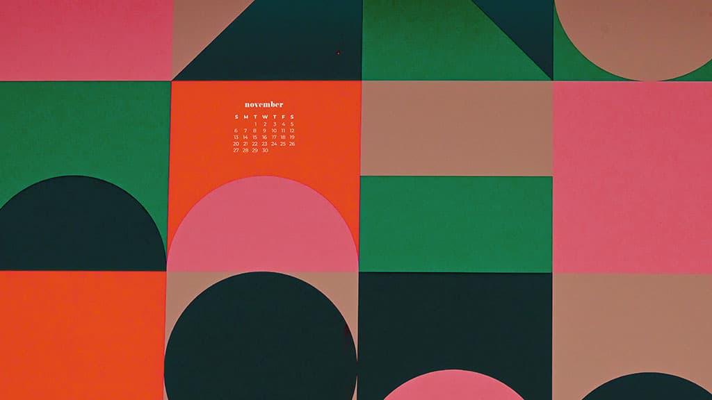 mid-century modern geometric retro colorful pattern background November 2022 wallpapers – FREE calendars in Sunday & Monday starts + no-calendar designs. 59 beautiful options for desktop & smart phones!