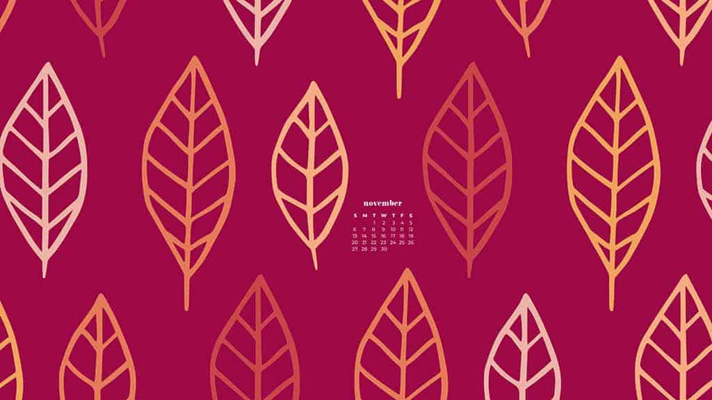 fall leaves illustrated on pink background November 2022 wallpapers – FREE calendars in Sunday & Monday starts + no-calendar designs. 59 beautiful options for desktop & smart phones!