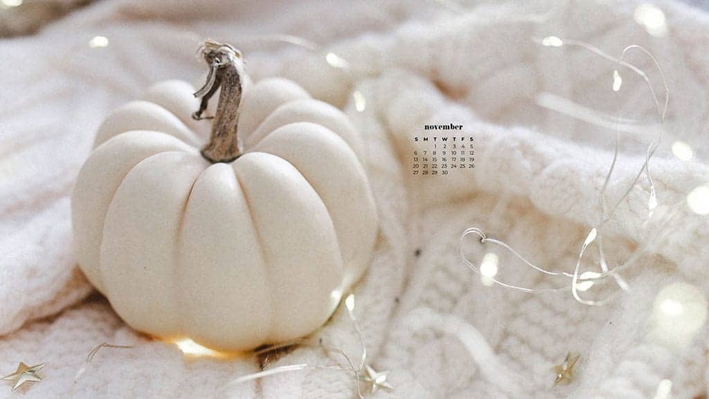 white soft blanket with a white pumpkin and fairy lights, cozy neutral scene on a fall autumn day November 2022 wallpapers – FREE calendars in Sunday & Monday starts + no-calendar designs. 59 beautiful options for desktop & smart phones!