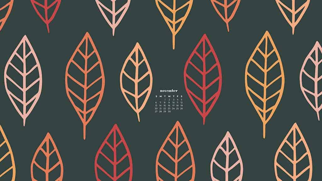 fall leaves illustrated on grey background November 2022 wallpapers – FREE calendars in Sunday & Monday starts + no-calendar designs. 59 beautiful options for desktop & smart phones!