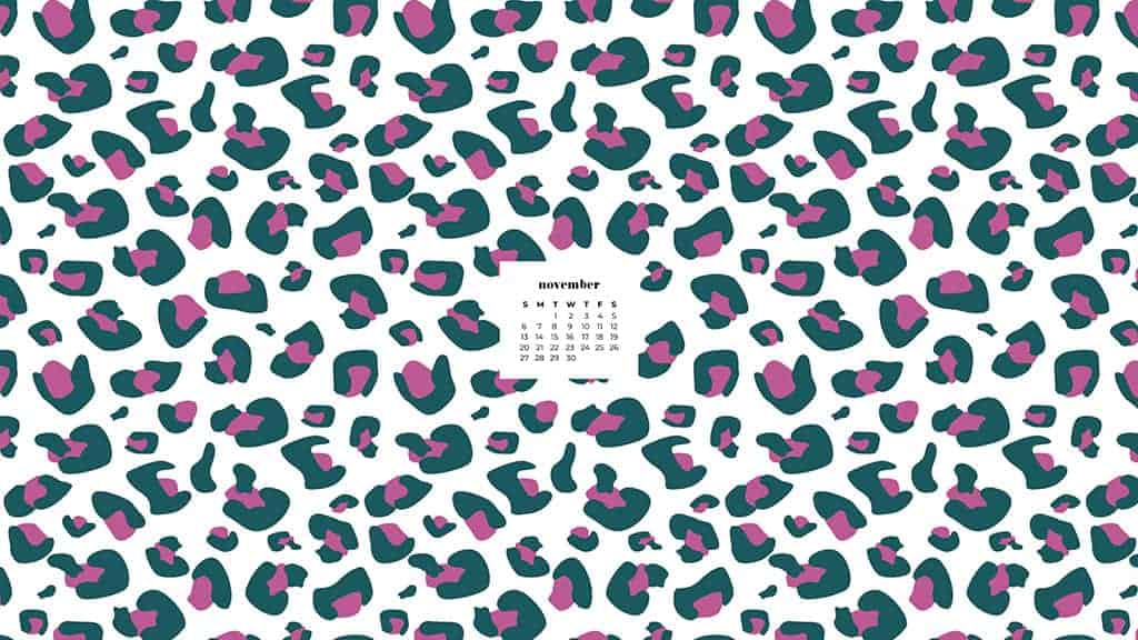 modern abstract cheetah pattern in pink and turquoise on white November 2022 wallpapers – FREE calendars in Sunday & Monday starts + no-calendar designs. 59 beautiful options for desktop & smart phones!