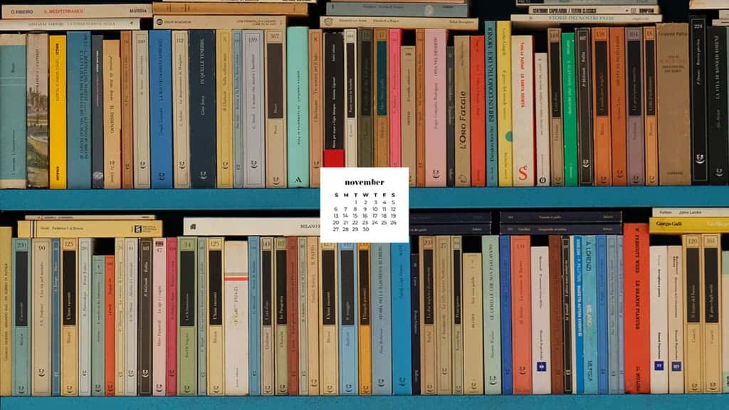 colorful books filling a blue shelf November 2022 wallpapers – FREE calendars in Sunday & Monday starts + no-calendar designs. 59 beautiful options for desktop & smart phones!