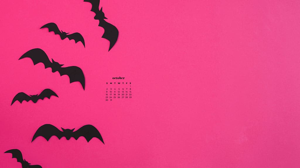 black bats on a hot pink background October 2022 wallpapers – FREE calendars in Sunday & Monday starts + no-calendar designs. 55 beautiful options for desktop & smart phones!