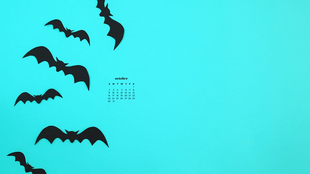 black bats on a turquoise background October 2022 wallpapers – FREE calendars in Sunday & Monday starts + no-calendar designs. 55 beautiful options for desktop & smart phones!