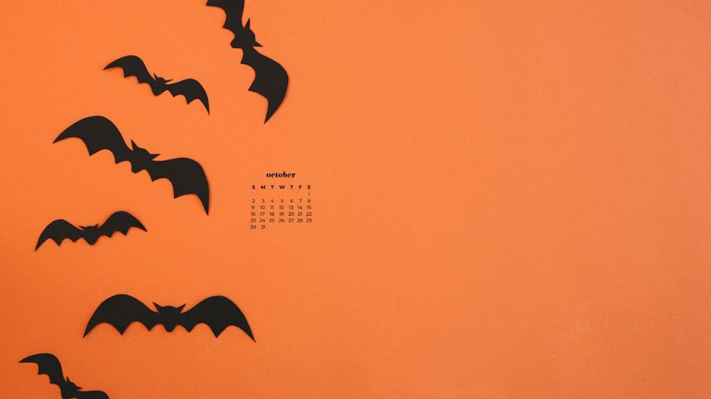 black bats on an orange background October 2022 wallpapers – FREE calendars in Sunday & Monday starts + no-calendar designs. 55 beautiful options for desktop & smart phones!