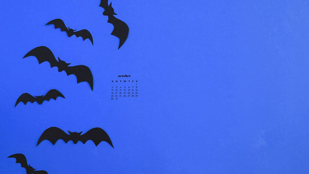 black bats on a purple background October 2022 wallpapers – FREE calendars in Sunday & Monday starts + no-calendar designs. 55 beautiful options for desktop & smart phones!