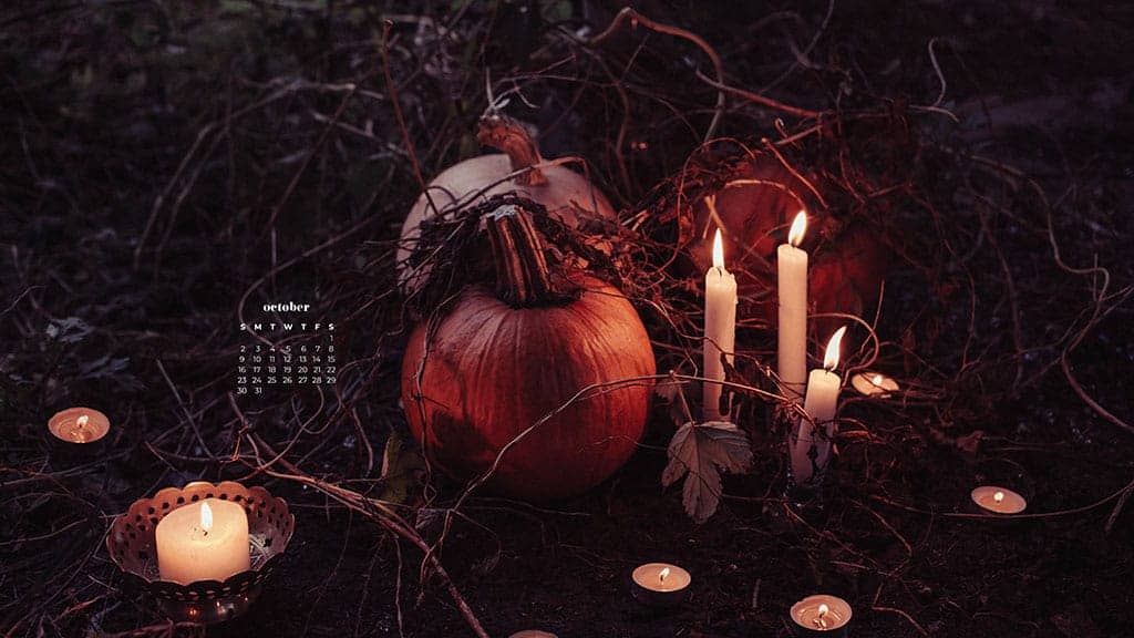 Candles and old pumpkins on leaves at dusk October 2022 wallpapers – FREE calendars in Sunday & Monday starts + no-calendar designs. 55 beautiful options for desktop & smart phones!