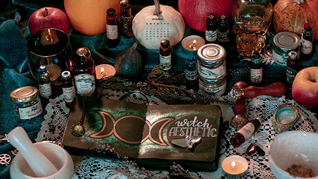 aerial view of witch spell casting supplies - spooky for halloween October 2022 wallpapers – FREE calendars in Sunday & Monday starts + no-calendar designs. 55 beautiful options for desktop & smart phones!