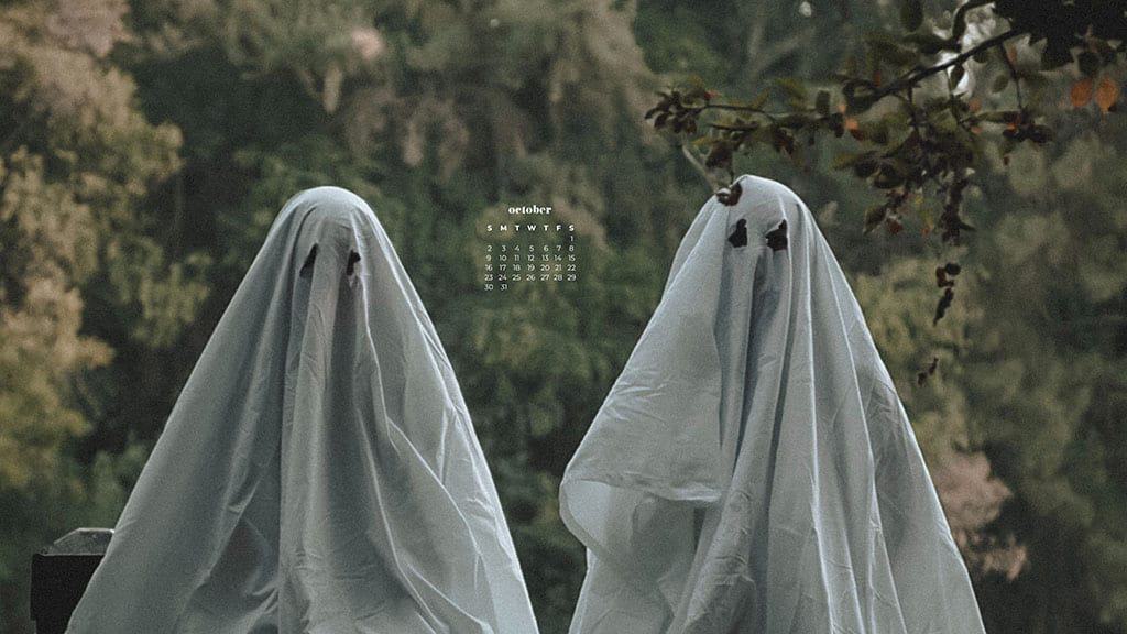 two people with diy ghost costumes made of sheets in the woods October 2022 wallpapers – FREE calendars in Sunday & Monday starts + no-calendar designs. 55 beautiful options for desktop & smart phones!