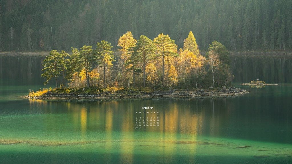 pretty yellow trees on a lake island surrounded by green water October 2022 wallpapers – FREE calendars in Sunday & Monday starts + no-calendar designs. 55 beautiful options for desktop & smart phones!