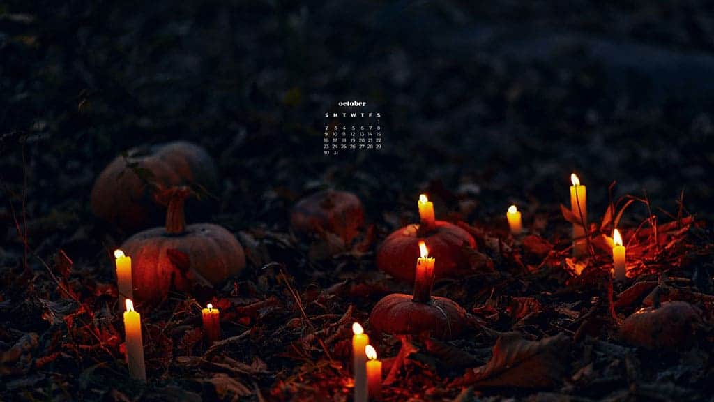 Candles and old pumpkins on leaves at dusk October 2022 wallpapers – FREE calendars in Sunday & Monday starts + no-calendar designs. 55 beautiful options for desktop & smart phones!