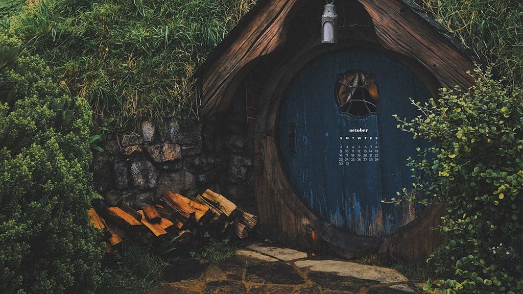 cute little gnome house with blue door October 2022 wallpapers – FREE calendars in Sunday & Monday starts + no-calendar designs. 55 beautiful options for desktop & smart phones!