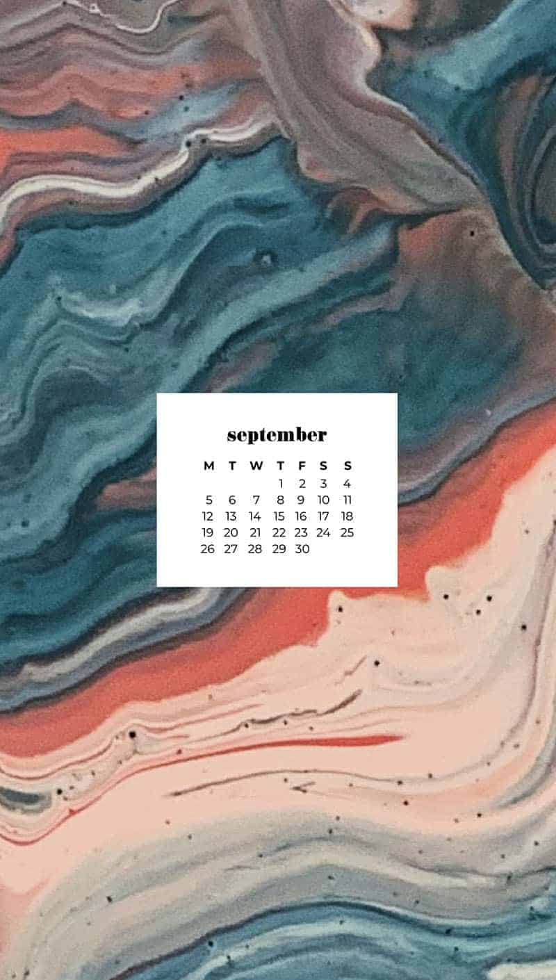 orange rust blue and cream paint drip swirl art September wallpapers 2022– FREE calendars in Sunday & Monday starts + no-calendar designs. 55 beautiful options for desktop & smart phones!