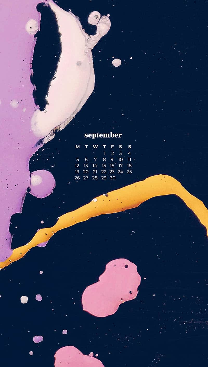 drip paint in pink, purple, yellow, navy, and white September wallpapers – FREE calendars in Sunday & Monday starts + no-calendar designs. 55 beautiful options for desktop & smart phones!