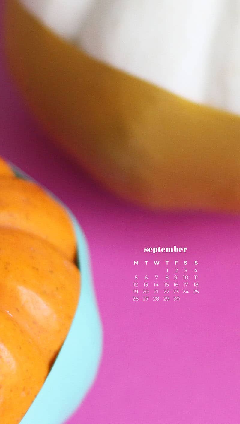 paint dipped pumpkins on pink background September wallpapers – FREE calendars in Sunday & Monday starts + no-calendar designs. 55 beautiful options for desktop & smart phones!