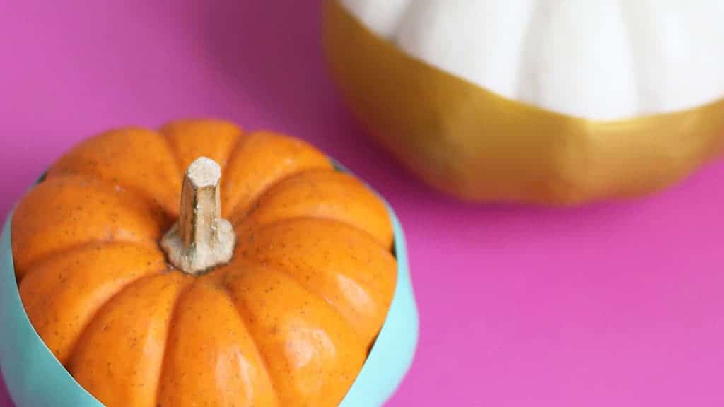 paint dipped pumpkins on pink background 