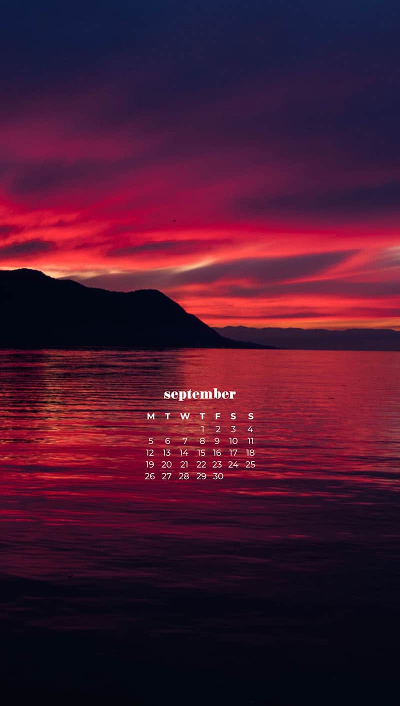 lake with a pink and purple sunset September wallpapers – FREE calendars in Sunday & Monday starts + no-calendar designs. 55 beautiful options for desktop & smart phones!