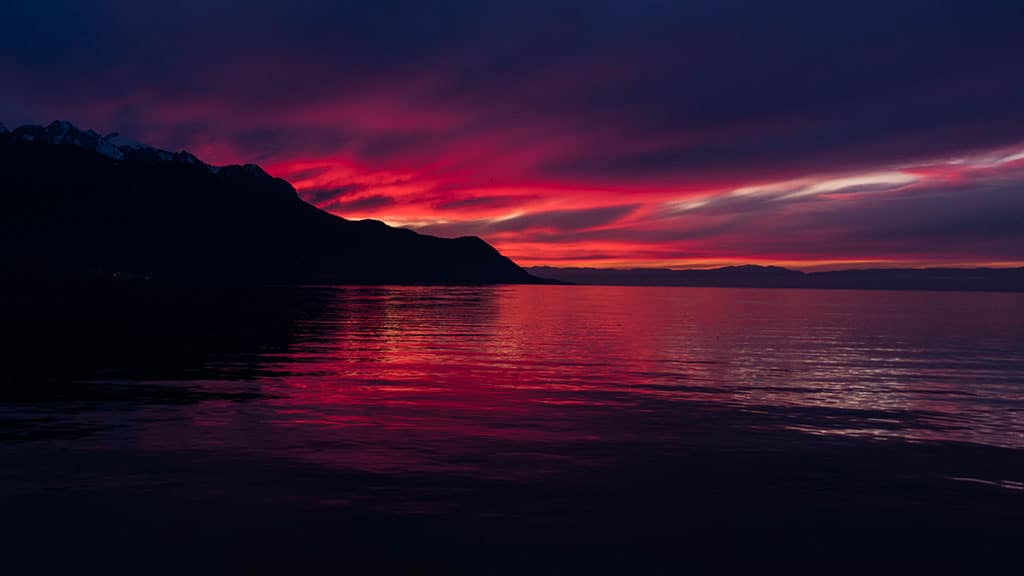 lake with a pink and purple sunset