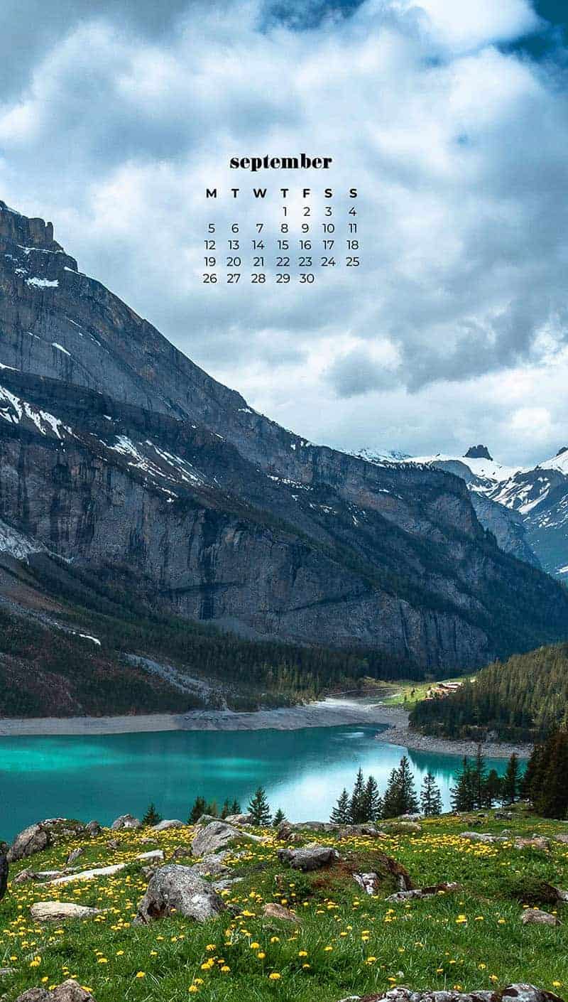 turquoise lake in front of a beautiful snow capped mountain September wallpapers – FREE calendars in Sunday & Monday starts + no-calendar designs. 55 beautiful options for desktop & smart phones!