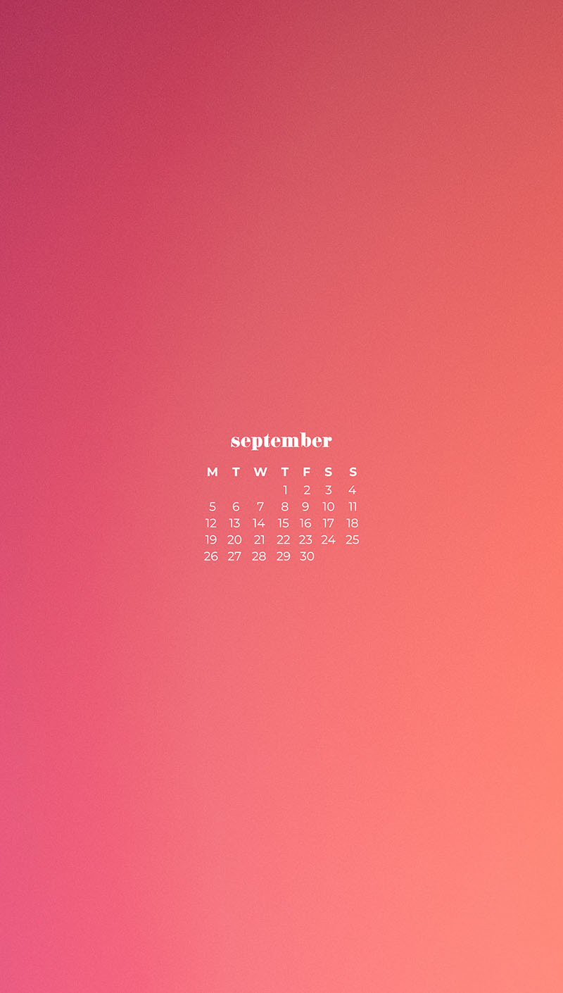 pink and orange ombre September wallpapers – FREE calendars in Sunday & Monday starts + no-calendar designs. 55 beautiful options for desktop & smart phones!