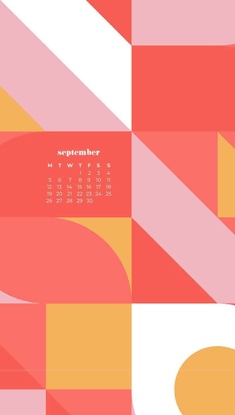 coral, pink and orange retro modern design pattern September wallpapers – FREE calendars in Sunday & Monday starts + no-calendar designs. 55 beautiful options for desktop & smart phones!