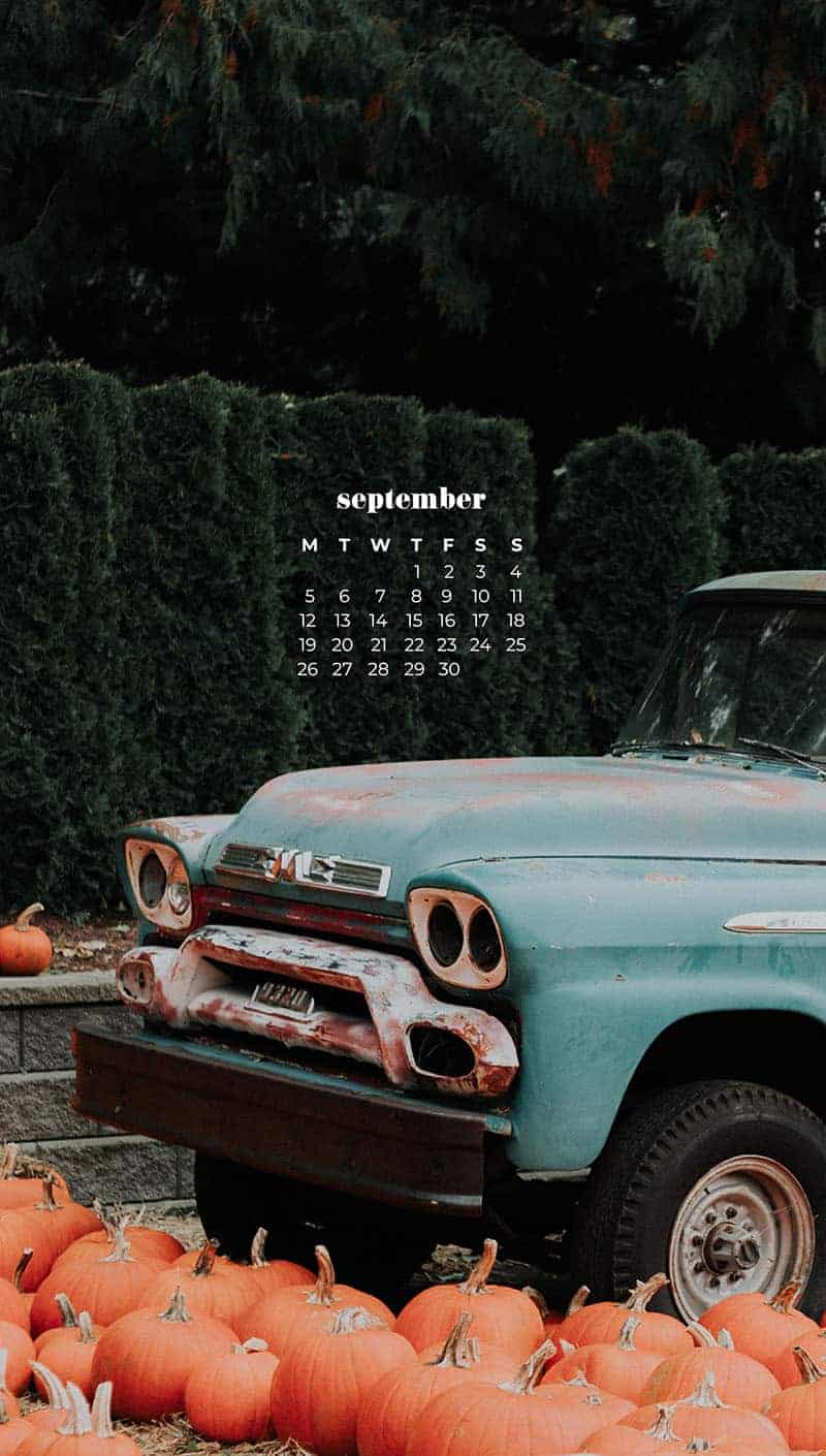 old turquoise truck with pumpkins in the back September wallpapers – FREE calendars in Sunday & Monday starts + no-calendar designs. 55 beautiful options for desktop & smart phones!