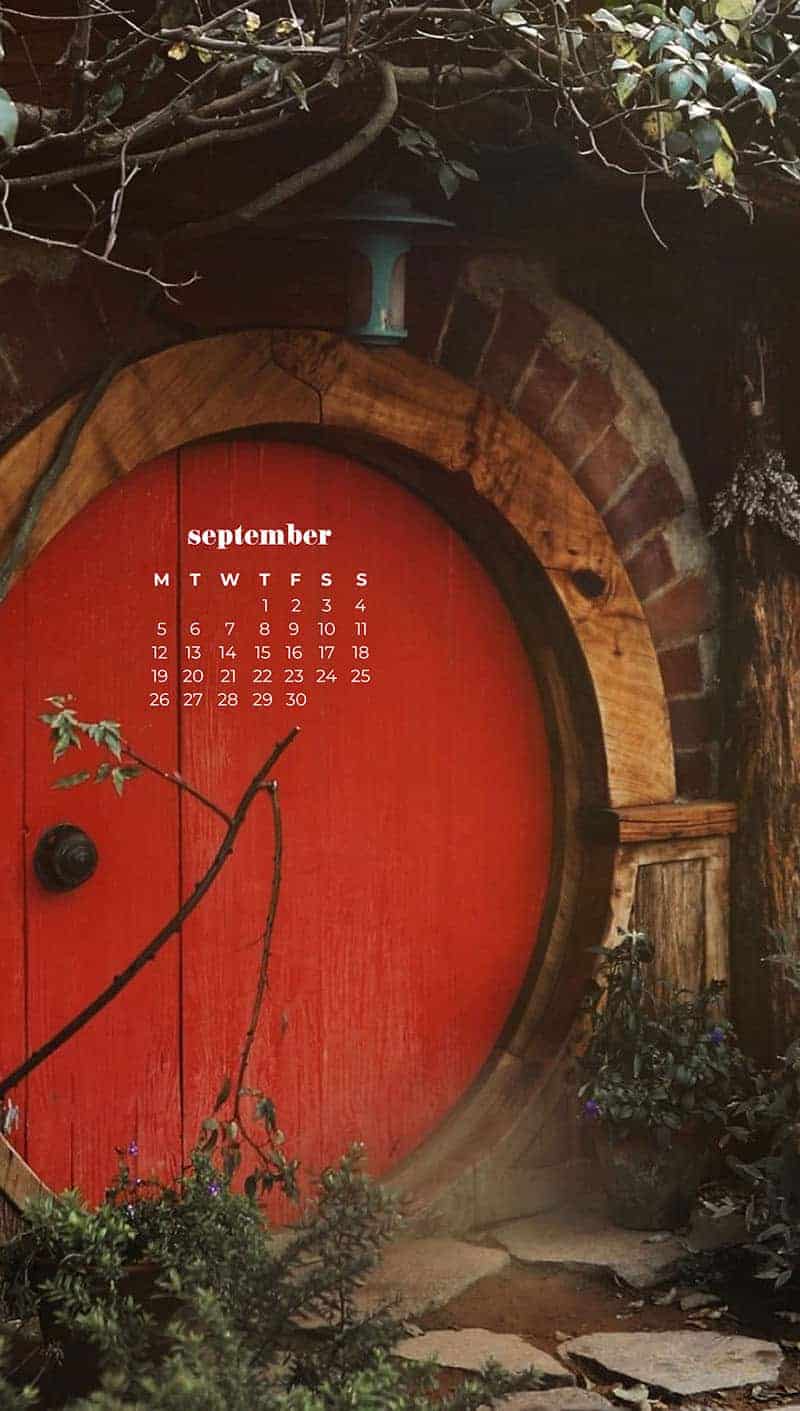 colorful hobbit house with red front door September wallpapers – FREE calendars in Sunday & Monday starts + no-calendar designs. 55 beautiful options for desktop & smart phones!