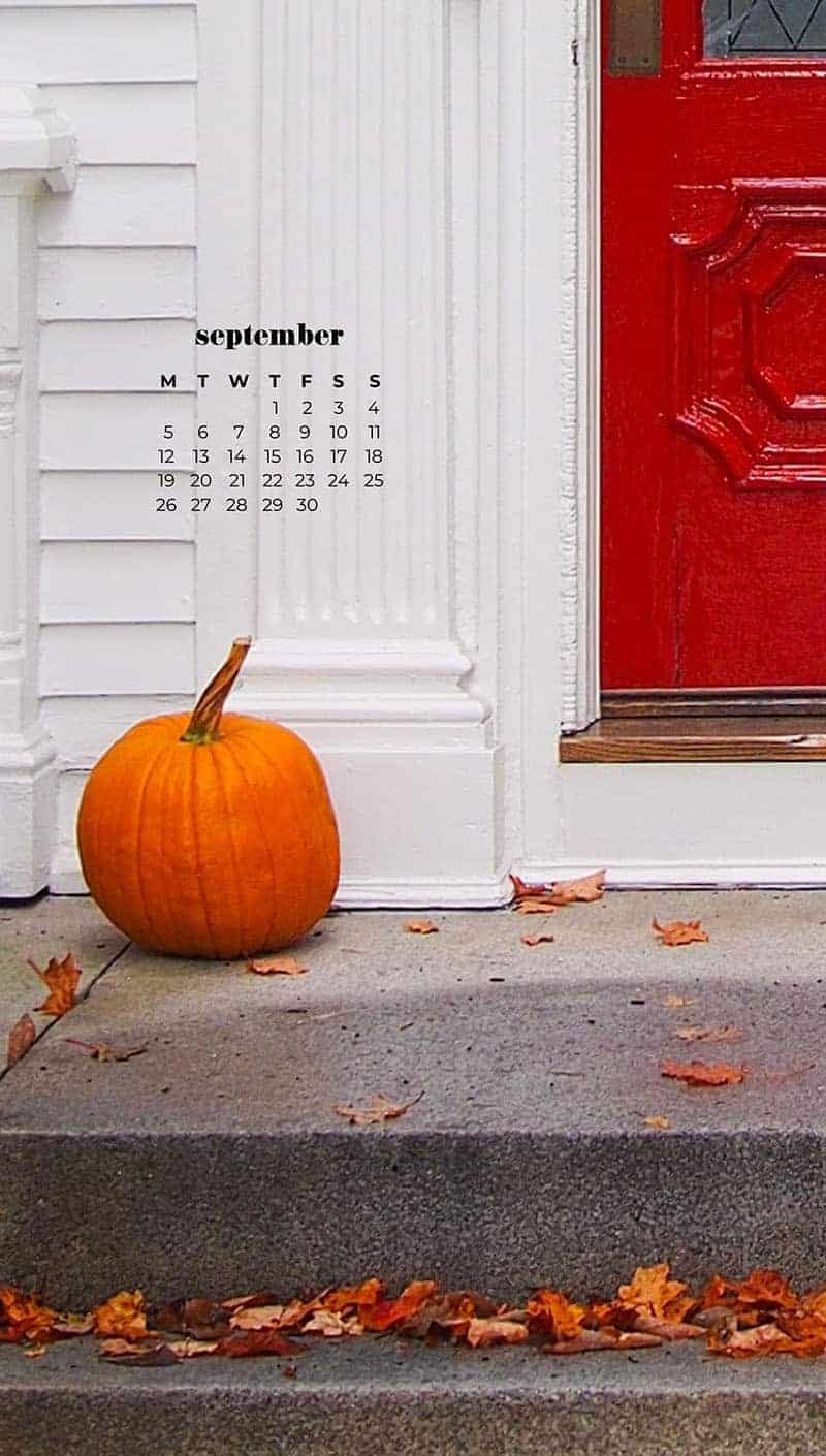 white house red door with leaves and a fall pumpkin September wallpapers – FREE calendars in Sunday & Monday starts + no-calendar designs. 55 beautiful options for desktop & smart phones!