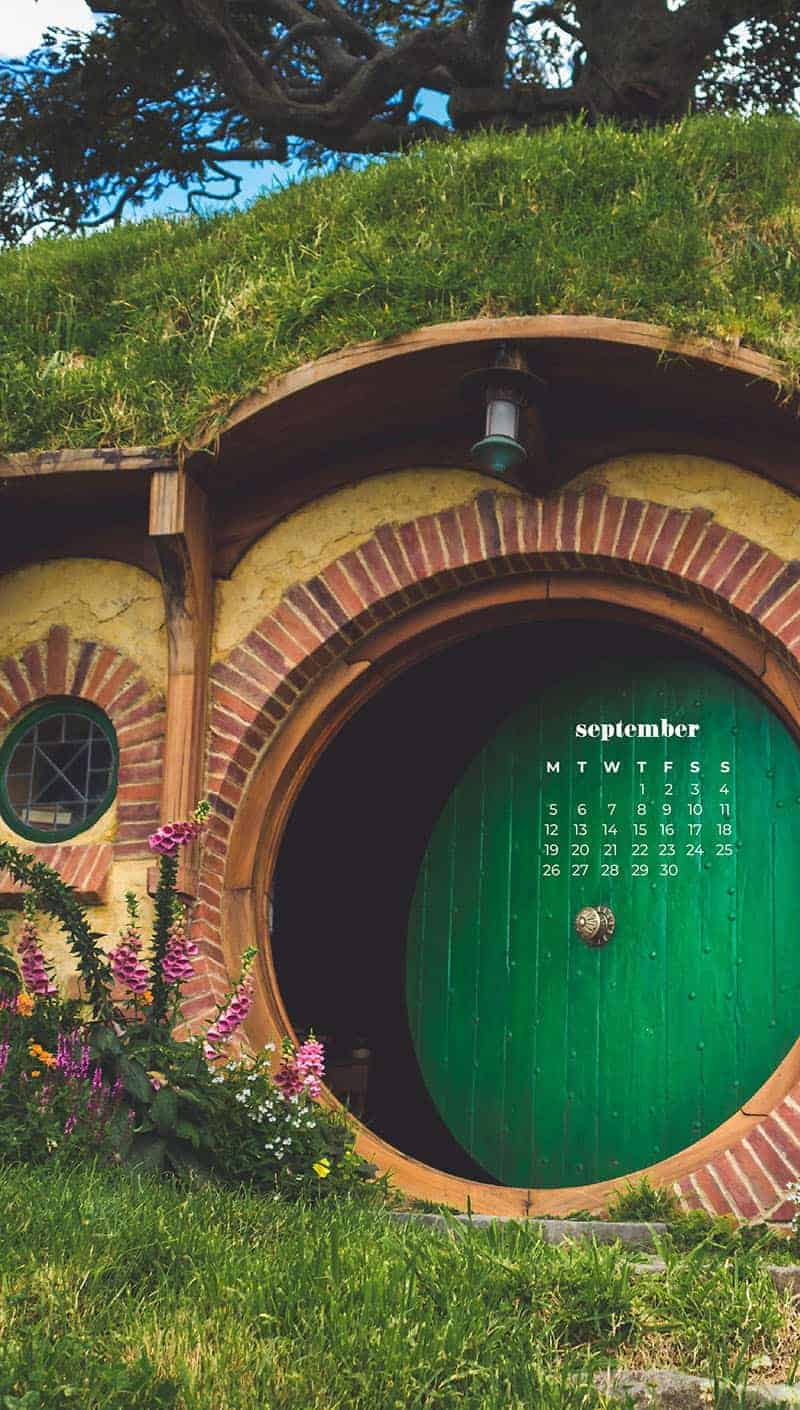 colorful hobbit house with green front door September wallpapers – FREE calendars in Sunday & Monday starts + no-calendar designs. 55 beautiful options for desktop & smart phones!