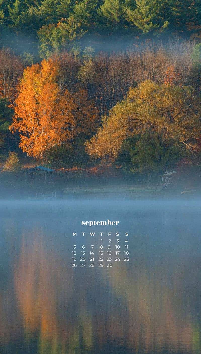 fall trees and an old white church with lake reflection September wallpapers – FREE calendars in Sunday & Monday starts + no-calendar designs. 55 beautiful options for desktop & smart phones!