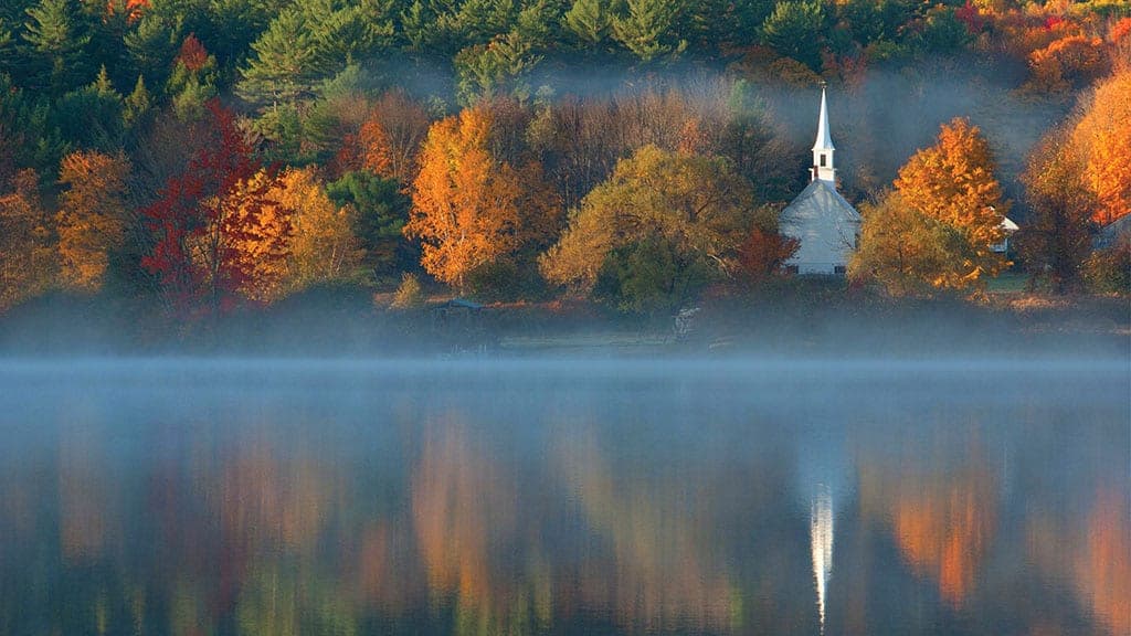 all trees and an old white church with lake reflection