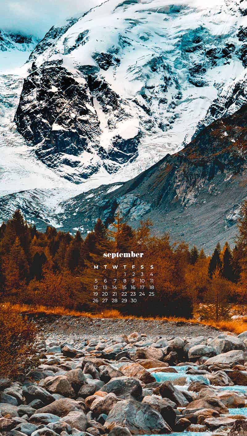 mountains and a lake with fall colored trees surrounding it September wallpapers – FREE calendars in Sunday & Monday starts + no-calendar designs. 55 beautiful options for desktop & smart phones!