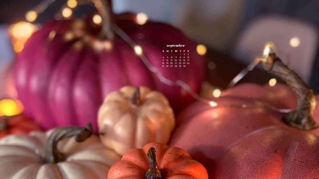 colorful pumpkins with fairy lights September 2022 wallpapers – FREE calendars in Sunday & Monday starts + no-calendar designs. 55 beautiful options for desktop & smart phones!