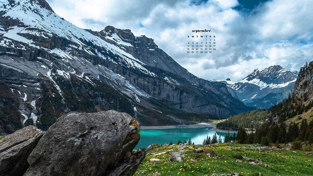 turquoise lake in front of a beautiful snow capped mountain September 2022 wallpapers – FREE calendars in Sunday & Monday starts + no-calendar designs. 55 beautiful options for desktop & smart phones!