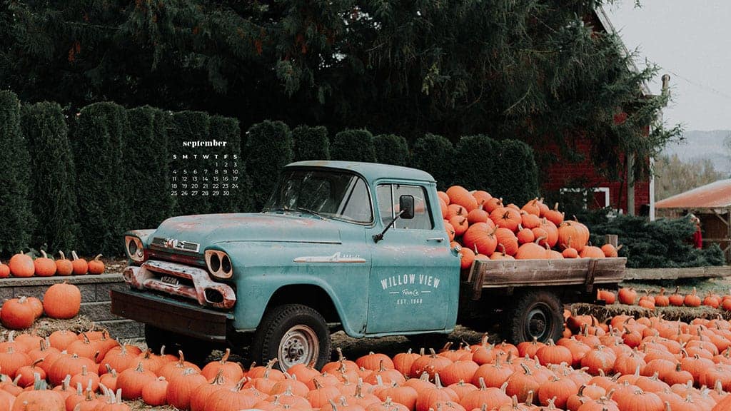 old turquoise truck with pumpkins in the back September 2022 wallpapers – FREE calendars in Sunday & Monday starts + no-calendar designs. 55 beautiful options for desktop & smart phones!