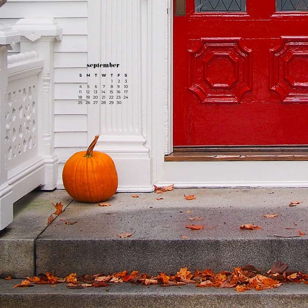 old white house with red door and leaves and a pumpkin on the porch