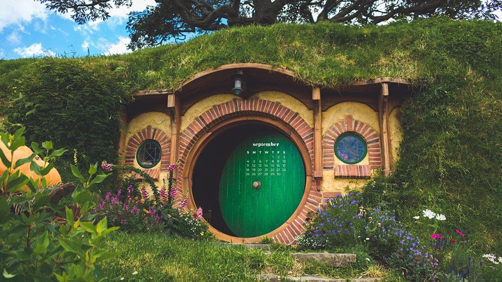 colorful hobbit house with green front door September 2022 wallpapers – FREE calendars in Sunday & Monday starts + no-calendar designs. 55 beautiful options for desktop & smart phones!