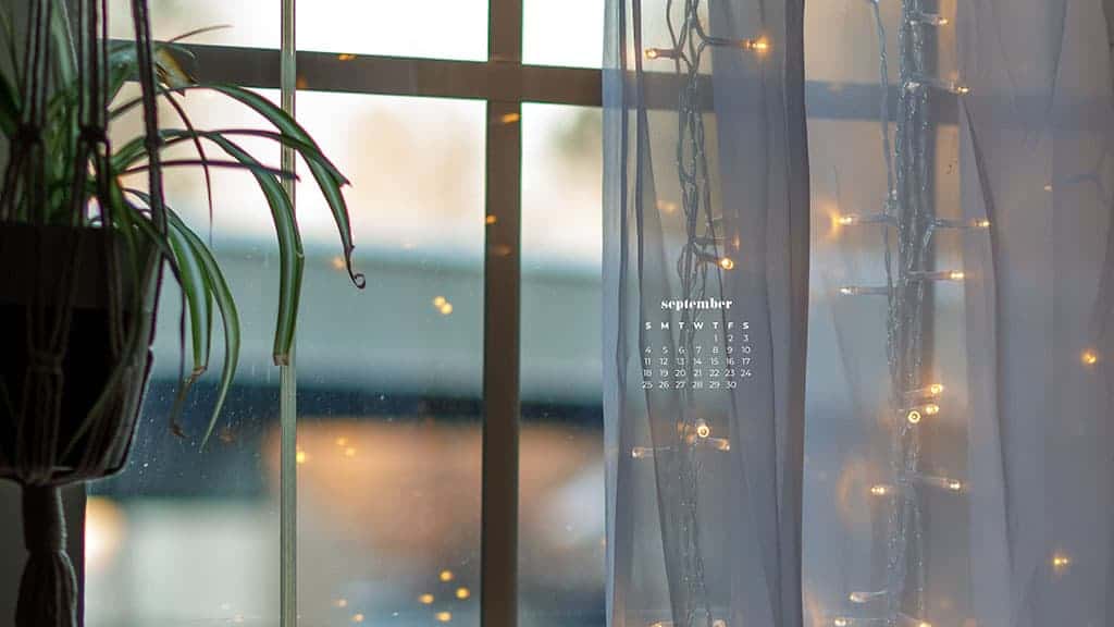 plant and window sheers with fairy lights September 2022 wallpapers – FREE calendars in Sunday & Monday starts + no-calendar designs. 55 beautiful options for desktop & smart phones!