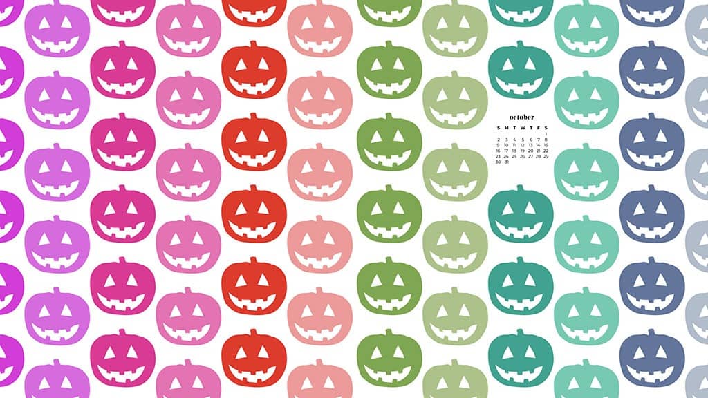 Colorful illustrated pumpkins in purples, pinks, reds, greens, and turquoise on a white background. October 2022 wallpapers – FREE calendars in Sunday & Monday starts + no-calendar designs. 55 beautiful options for desktop & smart phones!