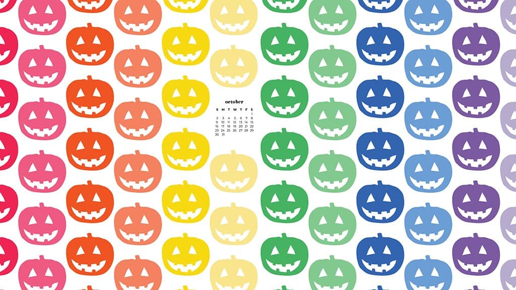 Colorful illustrated pumpkins in purples, pinks, reds, greens, and turquoise on a white background. October 2022 wallpapers – FREE calendars in Sunday & Monday starts + no-calendar designs. 55 beautiful options for desktop & smart phones!