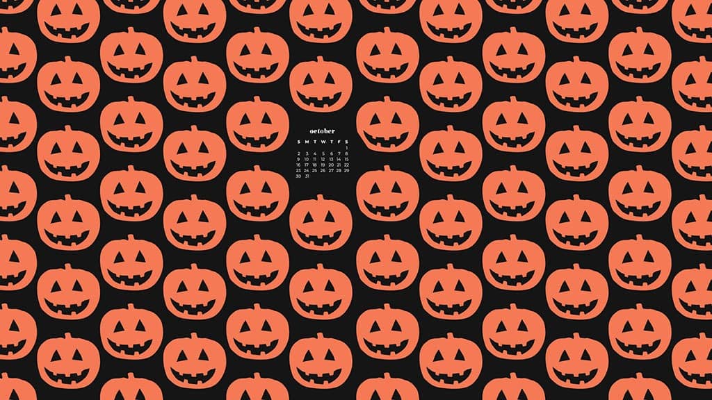 illustrated pumpkins in orange on a black background. October 2022 wallpapers – FREE calendars in Sunday & Monday starts + no-calendar designs. 55 beautiful options for desktop & smart phones!