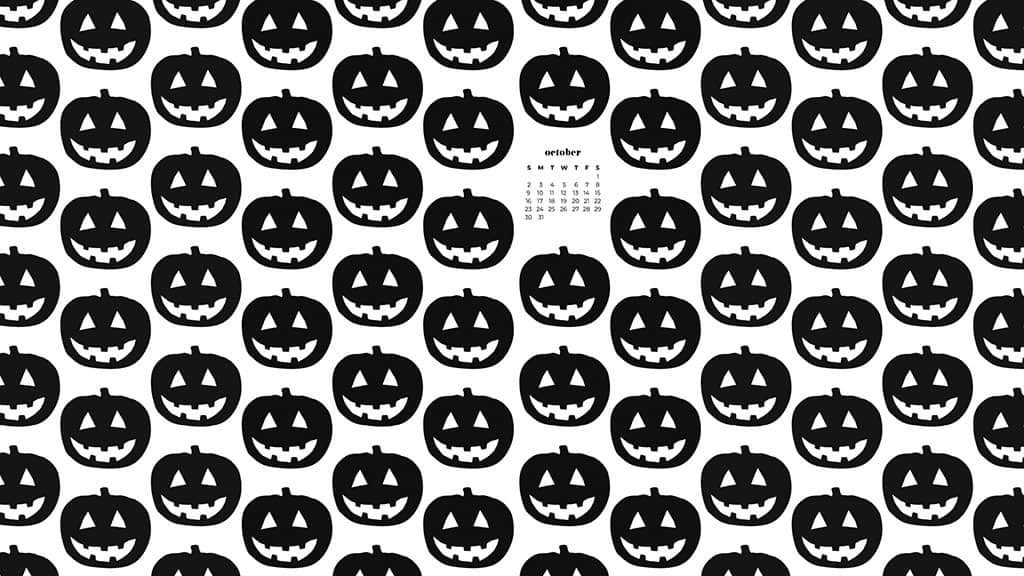 illustrated pumpkins in black on a black background. October 2022 wallpapers – FREE calendars in Sunday & Monday starts + no-calendar designs. 55 beautiful options for desktop & smart phones!