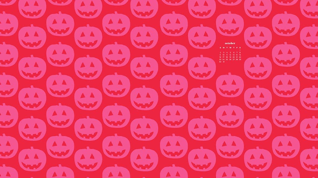 illustrated pumpkins in pink on a red background. October 2022 wallpapers – FREE calendars in Sunday & Monday starts + no-calendar designs. 55 beautiful options for desktop & smart phones!