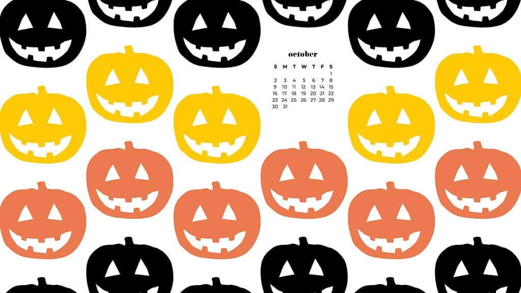 illustrated pumpkins in orange, black, and yellow on a white background. October 2022 wallpapers – FREE calendars in Sunday & Monday starts + no-calendar designs. 55 beautiful options for desktop & smart phones!