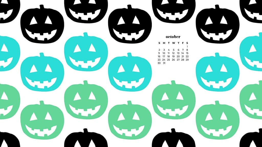 illustrated pumpkins in black, turquoise and green on a white background. October 2022 wallpapers – FREE calendars in Sunday & Monday starts + no-calendar designs. 55 beautiful options for desktop & smart phones!