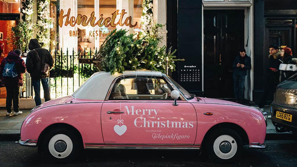 vintage pink car with christmas tree on top December 2022 - FREE wallpaper calendars in Sunday & Monday starts + no-calendar designs. 90 options for both desktop and smart phones!