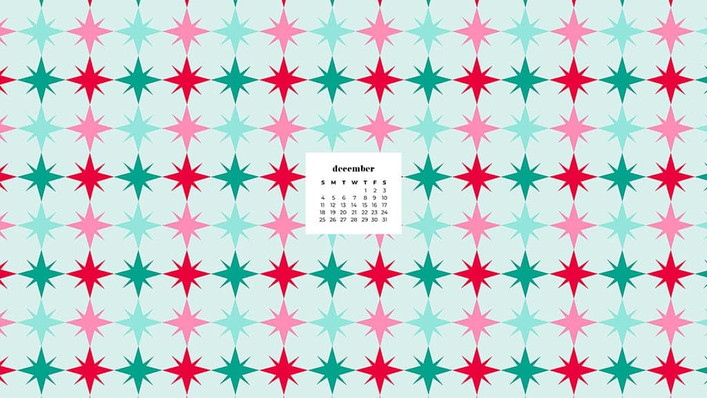 vintage starburst pattern in pinks and greens on mint background with december calendar