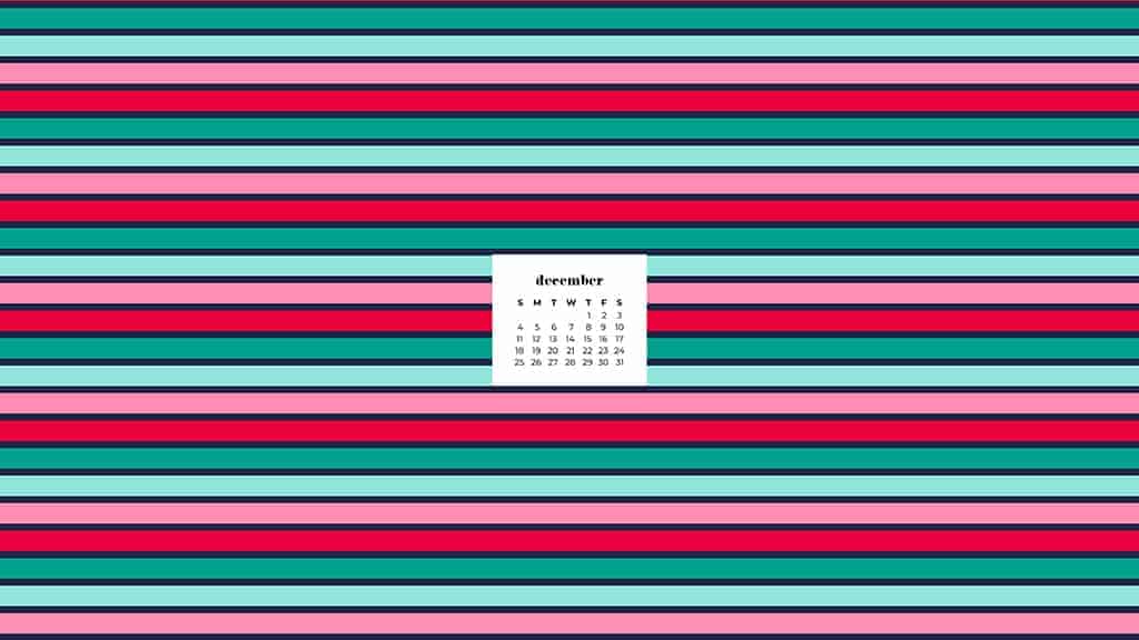 red, pink, green, and turquoise stripes on navy with december calendar